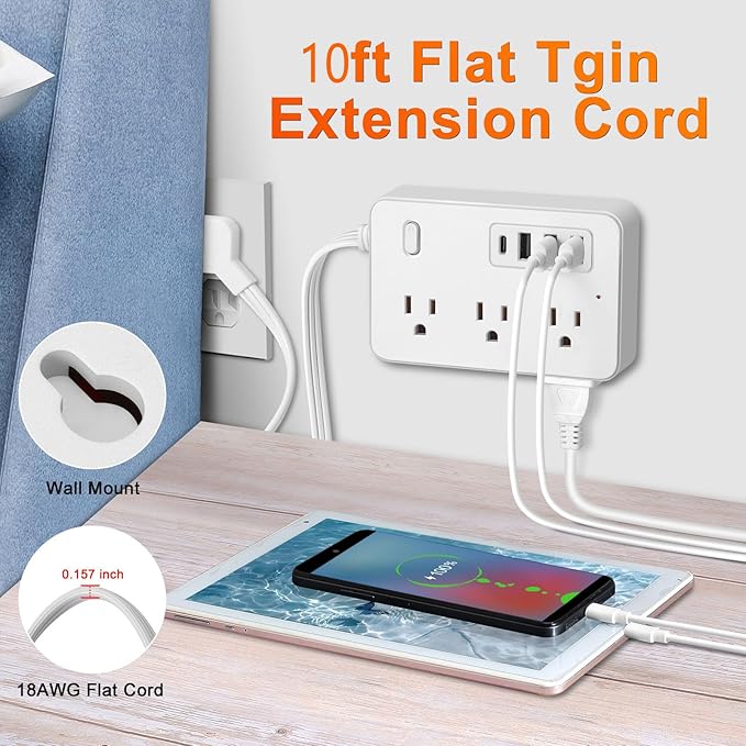 10Ft Surge Protector Flat Extension Cord Flat Plug Power Strip, 6AC Outlets, 4 USB Charger(1 USB C Port), 1700 Joules Protection, Office Supplies, Dorm Room Essentials