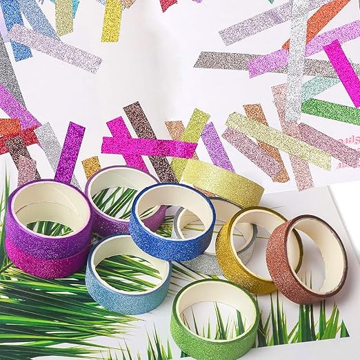 Pofflujent 12 Rolls Glitter Washi Tape Set Christmas Washi Masking Tape Decorative Adhesive Tape for Scrapbooking DIY Crafts Crafters Embellished Journals Planners Cards Gift Wrapping Ribbons Wedding