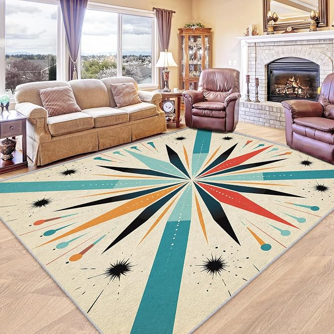 Mid Century Modern Rug 5x6, Washable Retro Sun Rugs for Living Room Bedroom, Atomic Geometric Area Rug for Home Decor, Non Slip Backing Floor Carpet with Gripper - 5 x 6 ft