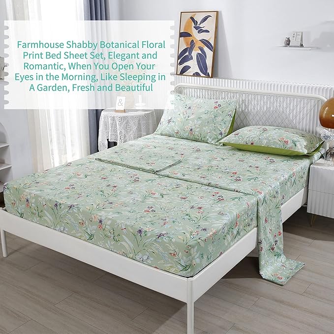 RYNGHIPY Shabby Flowers Print Bed Sheet Collections Egyptian Cotton Garden Floral Sheets (Green Floral,Full Size)