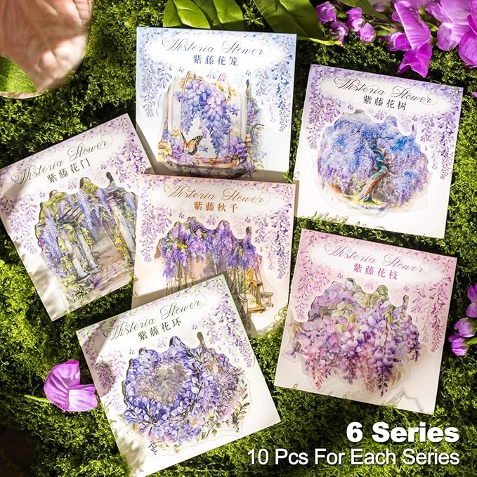 AuriicLeaf Wisteria Floral PET Sticker Set, 60Pcs Purple Flower Stickers for Scrapbooking, Journaling, Junk Journal Supplies, and DIY Crafts