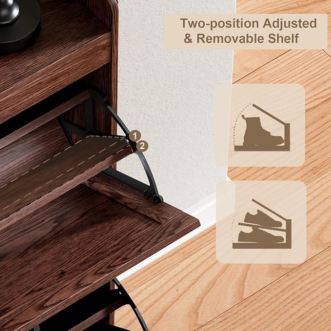ChooChoo Shoe Storage Cabinet with 2 Flip Drawers, Deodorizing Shoe Organizer Storage for Entryway, Freestanding Hidden Slim Narrow Shoe Rack Cabinet, Walnut