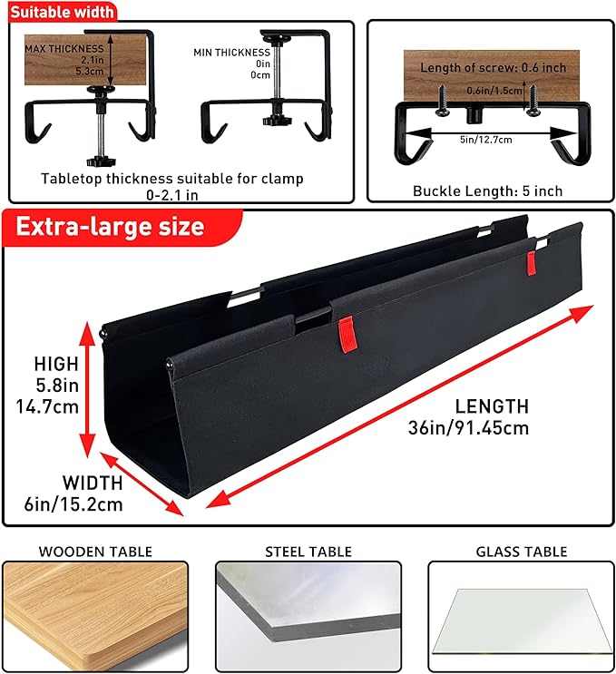 [Upgraded] Under Desk Cable Management, 28" Cord Organizer, with Silicone Pads (No Scratch!), 16 Cable Ties, Washable PE Honeycomb Base,Fits Any Desk 0-2.1", No Stinky Cardboard!Black