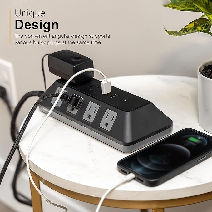 GE UltraPro 10 Grounded Outlet Surge Protector with USB Ports, 1 USB-C Port (15W), 2 USB-A Ports (12W), 4ft Braided Cord Surge Protector Power Strip, 3540 Joules, Black, 74763