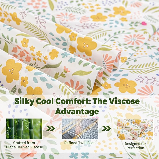 Bedlifes Full Floral 4-Piece Sheet Set - Cooling Sheets Blend Rayon Derived from Bamboo,Soft & Breathable, Deep Pocket 16", Wrinkle Resistant - Featuring Floral