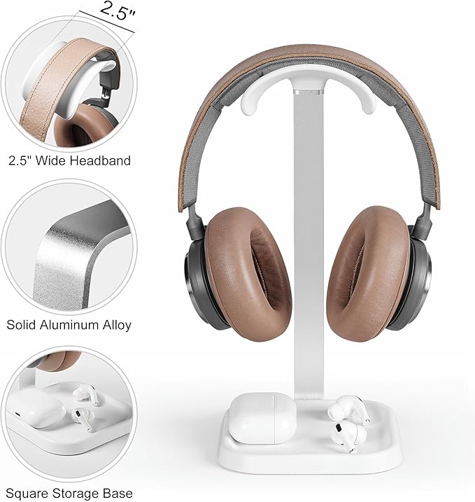 QinCoon Headphone Stand, Curved Headset Stand with Storage Tray, Gaming Headset Holder for AirPods Max, AirPods Max 2, AirPods, AirPods Pro, Beats, Bose, Sony and More (White)