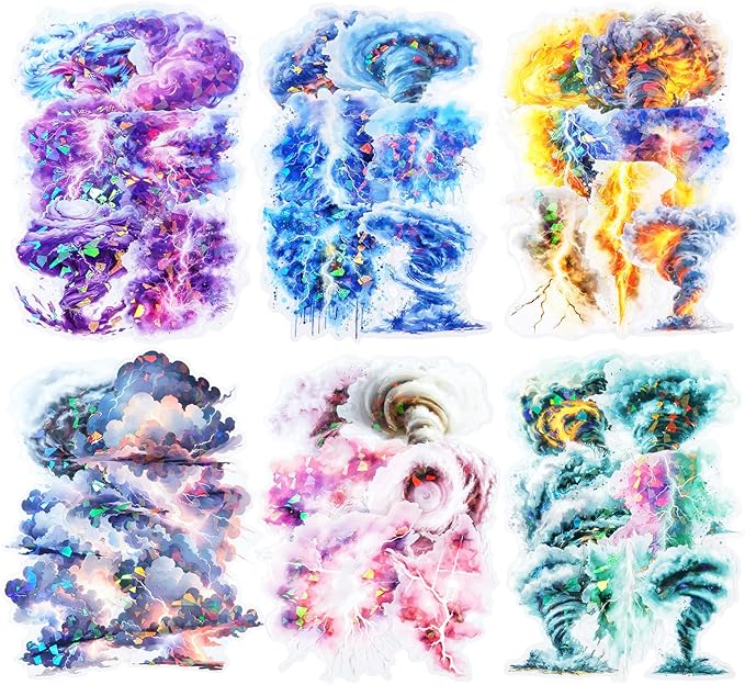 AuriicLeaf Lightning Tornado PET Sticker Set, 60Pcs Large Holographic Stickers for Scrapbooking, Journaling, Junk Journal Supplies, and DIY Crafts
