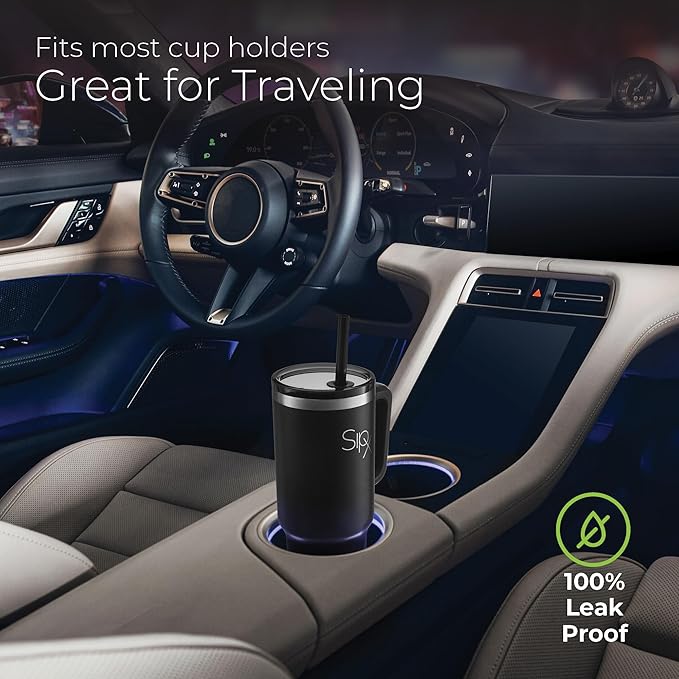 SIPX™ 40 oz Insulated Tumbler with Handle & Straw – Vacuum Insulated Stainless Steel, Leakproof, Cupholder Friendly – Perfect for Iced Coffee, Water & Travel – Black