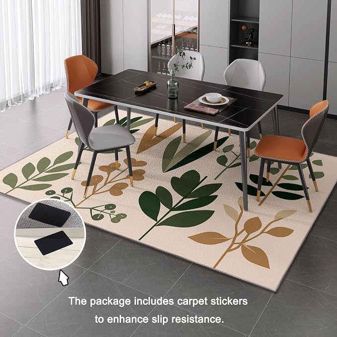 Area Rugs for Living Room, 3x5 Washable Rug Green Soft Low Pile Non-Slip Carpet Stain Resistant Carpets for Bedroom Dining Room Farmhouse Nursery, Retro Leaves Bohemian Plants