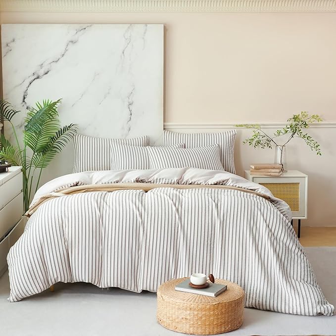 Grey Duvet Cover Queen Size Striped Washed Microfiber Jacquard 3 Pieces Bedding Set, Grey White Vertical Ticking Stripes Pattern Comforter Cover with Zipper Closure Breathable Durable Soft Comfy