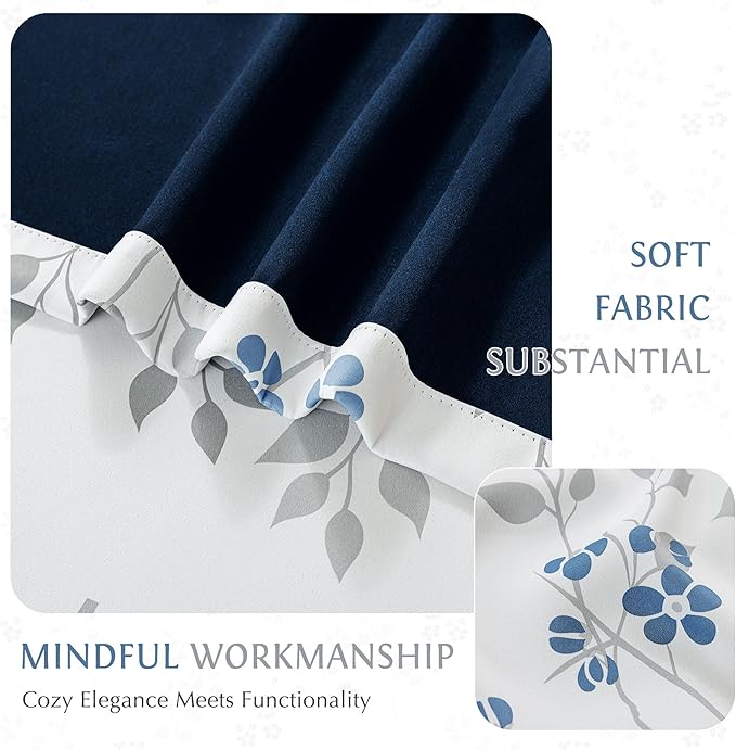 Beauoop Floral 100% Blackout Curtains 84 Inch Length 1 Panel for Patio Sliding Door Extra Wide Blue Grey Flower Patterned Divider Room Darkening Thermal Soundproof Grommet Window Drapes,100x84, 1 Set