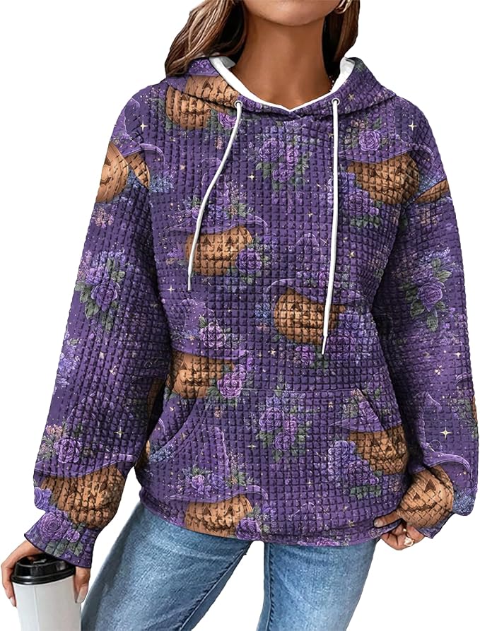 Halloween Sweatshirts for Women Novelty Graphic Drawstring Waffle Hoodies Loose Casual Pullover Tops with Pocket