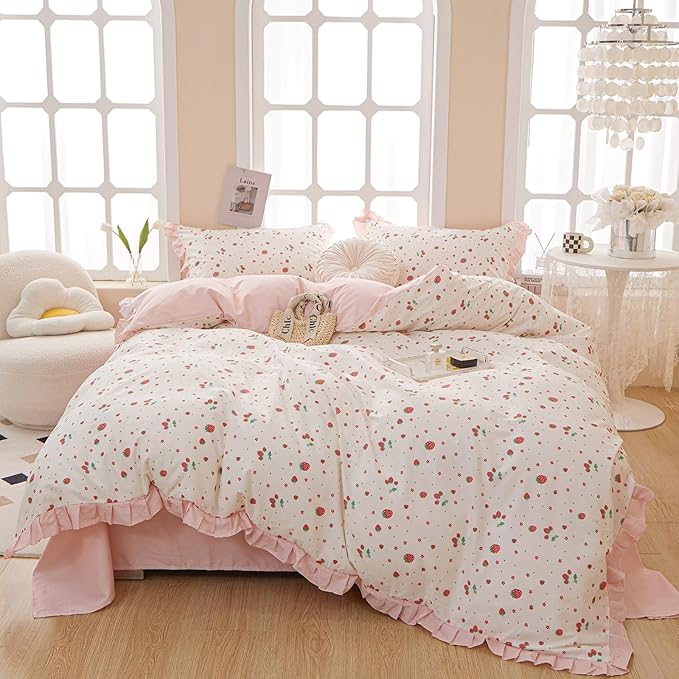 HighBuy Strawberry Full Comforter Set Cute Ruffle Bedding Comforter with 2 Pillowcases Fluffy Kawaii Bedding Sets Full Girl Ruffled Comforter Sets for All Season,Lightweight