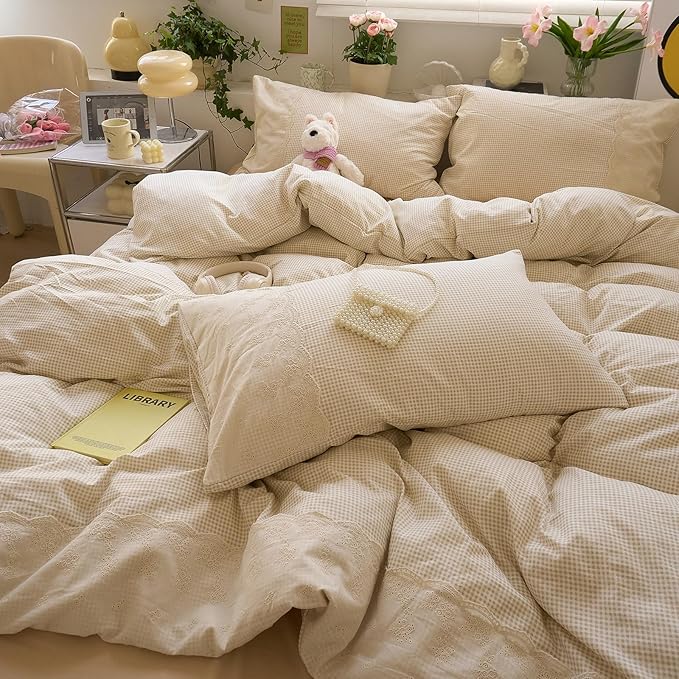 LifeTB Tan Gingham Duvet Cover King 3 Pieces Romantic Lace Duvet Cover Vintage Plaid Checkered Comforter Cover with 2 Pillowcases Soft Microfiber Beige Tan Grid Farmhouse Gingham Bedding Set