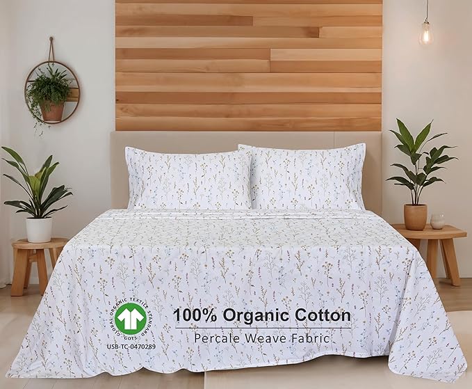RUVANTI 100% Organic Cotton Sheets King Size, Percale Weave, GOTS Certified, 4-Piece Set, Deep Pocket 15", Crisp & Breathable, Soft Durable Bedding, Sábanas Algodón Orgánico – Field Flower