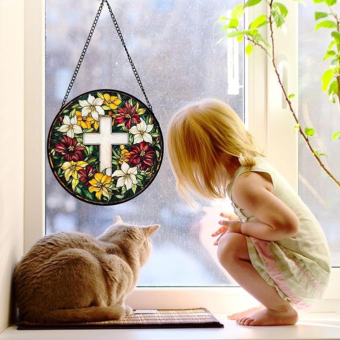 Stained Glass Window Hanging, Cross Flowers Sun Catchers Colorful Glass Panel Christianity Suncatcher Decor for Birthday for Women, Men, Wife, Aunt, and Mom 11.8x11.8 in