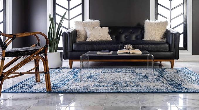 Unique Loom Bromley Collection Area Rug - Wells (6' 1" x 9' Rectangle, Ivory and Blue/ Ivory)