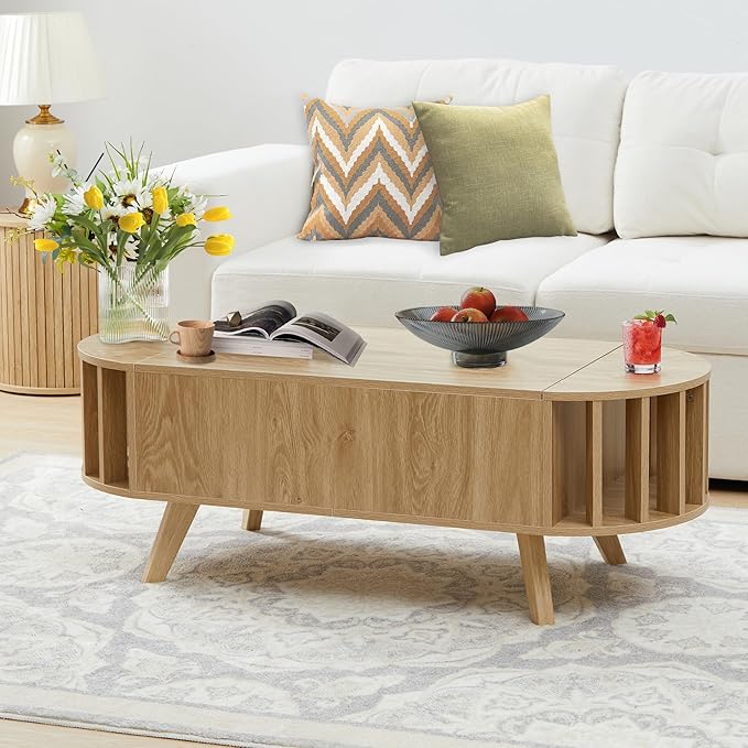 Janmer Home Small Lift Top Coffee Table with Storage, 47.3" Mid Century Modern Curved Coffee Table, Oval Center Table with Lift Tabletop for Living Room, Office (Natural)