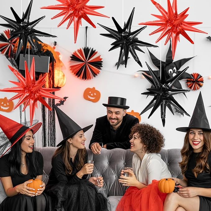 Black Red Star Balloons,9Pcs 22Inch Black Red Explosion Spike Cone Helium Polyester Film Star Foil Balloons for Birthday Halloween Anniversary Baby Shower Party Decorations