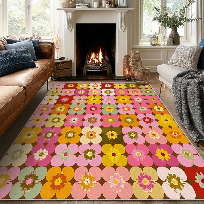 70s Floral Rugs 5x8, Retro Colorful Groovy Washable 5 x 8 Area Rug for Living Room, Bedroom, Low Pile Non Slip Stain Resistant Carpet, 70s Retro Home Decor Accessories & M844