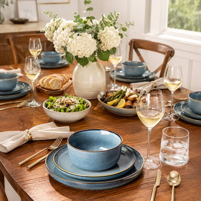 GBHOME 32 Pieces Double Bowls Ceramic Dinnerware Sets for 8, Stoneware Plates and Bowls Set with Reactive Glaze, Scratch Resistant Stoneware Dishes Set, Dishwasher & Microwave Safe