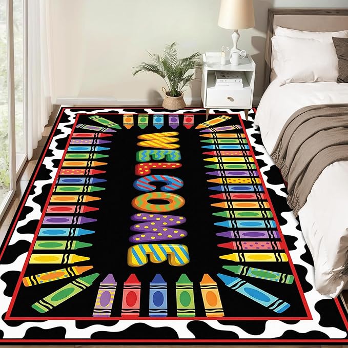 Welcome Crayon Area Rug 4'x6' Colorful Alphabet Rugs for Bedroom Living Room Nursery Playroom Classroom Home Decor Non-Slip Washable Carpet Kids Floor Mat
