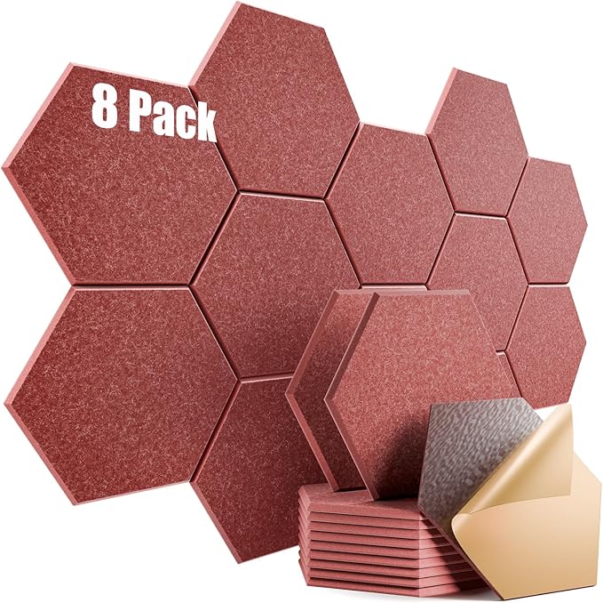 8 Pack Self-Adhesive Acoustic Panels 12" X 10" X 0.4" - Sound Proof Foam Panels for Wall with High Density, Hexagon Design, Flame Resistant, Absorb Noise and Eliminate Echoes(Red)
