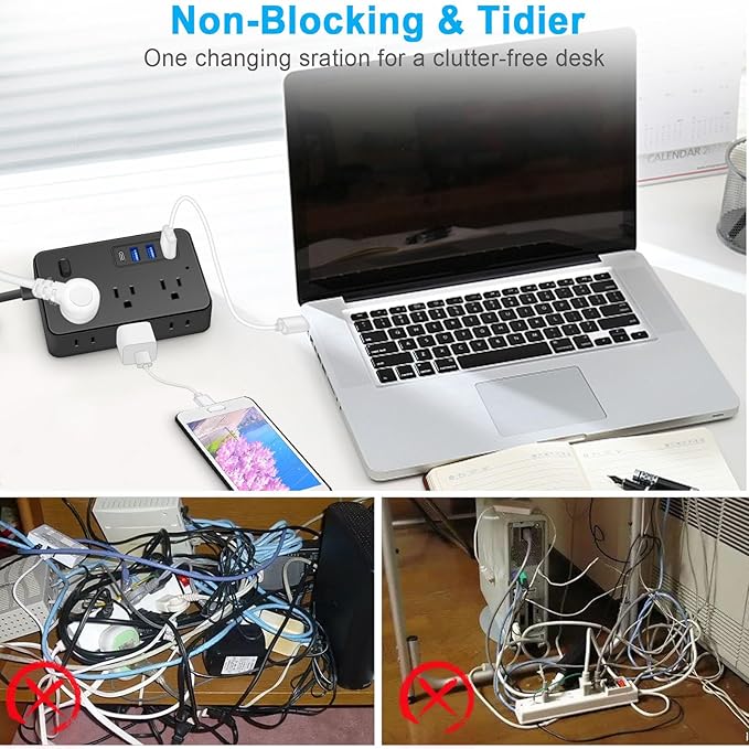 20FT Extension Cord with Multiple Outlets, Asamoom 20 ft Surge Protector Power Strip with 6 Outlets with 4 USB Ports(1 USB C)，Flat Plug with Long Cord 1700 Joules Protection for Home Office Black