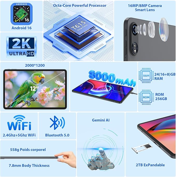 JJGJ 2026 12 Inch Android 16 Tablet with Keyboard, 24GB+256GB+2TB Expand, 2K Gemini AI Tablet with 5G WiFi, Octa-Core, 8000mAh, BT5.0, 16+8MP, 2 in 1 Tablets PC with Case, Mouse, Stylus (Silver Case)