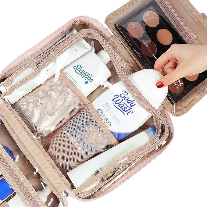 NISHEL Travel Toiletry Bag for Women, Makeup Essentials Organizer, Hanging Case for Accessories, Cosmetics, Large Size, Pink