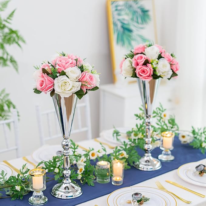 Sliver Vase Centerpiece Table Decorations - 10 Pcs Metal Tabletop Flower Stand, Wedding Decorations for Reception, 16.5in Trumpet Tall Flower Vase for Birthday, Weddings, Anniversary, Home Decor