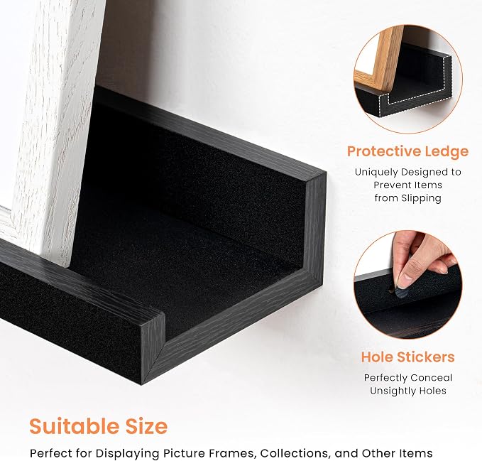 RICHFOCUS Picture Ledge Shelf, 30 inch Floating Shelves Set of 2, Wood Wall Shelves with Lip, Wall Decor Storage for Bedroom Living Room Bathroom Kitchen Nursery Photo Picture, Black
