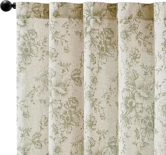 jinachan Linen Blend Floral Curtains for Living Room 84 Inch Length Christmas Sage Green Printed Curtain Rod Pocket Back Tab Farmhouse Peony Flower Patterned Drapes Bedroom Curtains Set 2 Panels