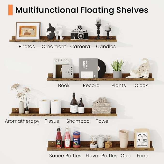 RICHFOCUS Picture Ledge Shelf, 48 inch Floating Shelves Set of 2, Wood Wall Shelves with Lip, Wall Decor Storage for Bedroom Living Room Bathroom Kitchen Nursery Photo Picture, Rustic Brown