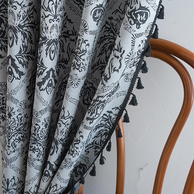 ENJOYBRIDAL Black Damask Curtains 84 Inch Long Semi Sheer Rod Pocket Drapes Bedroom Living Room 2 Panels Floor Length Window Curtain Panels Jacquard Medallion Pattern Light Filtering Window Treatments