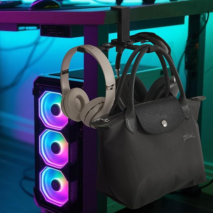 blingwider 3 Hooks Metal Heavy Duty Foldable Headphone Holder for Desk, Headset Stand for Desk,Backpack Holder Hook for Desk,Bag Hook Under Desk,Clamp Hook for Gaming PC Accessories,Black