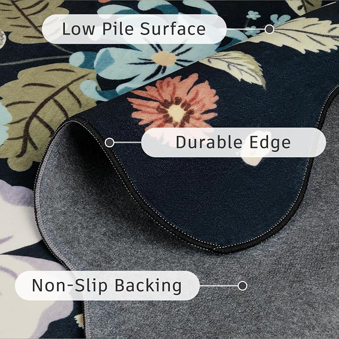 DCX Black Floral Rug 8x10, Washable Black Rug for Living Room, Kid & Pet Friendly with Rubber Back Non Slip, Soft Low Pile Carpet, Stain Resistant Rug for Bedroom, Nursery, Dining Room