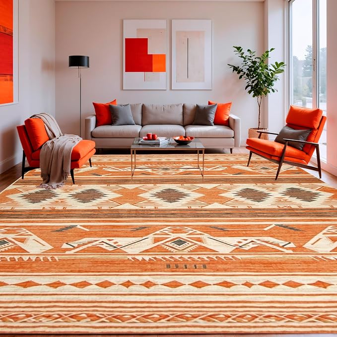 Flatwoven High Traffic Area Rug 8x10, Southwestern Inspired Rug Featuring Bold Aztec Diamond, Non Slip, Stain Resistant, Washable Area Rugs for Living Room, Bedroom (Orange, 8x10)