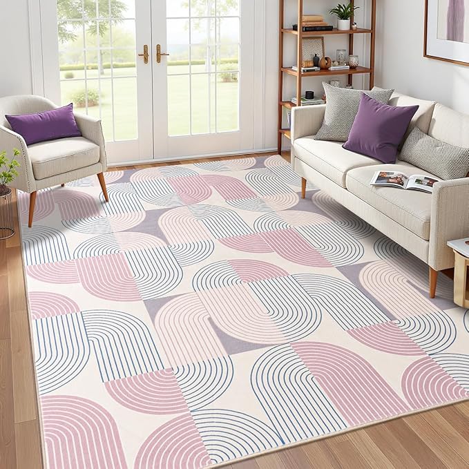 Living Room Rugs 4x6, Washable Modern Geometric Mid Century Rug for Bedroom, Soft Non-Slip Indoor Floor Boho Abstract Carpet for Dining Room Nursery Home, Pink/Purple