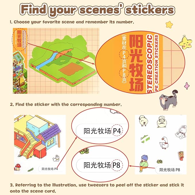 ASTARON 6 Sets DIY 3D Sticker Scene Book Sticker Therapy for Adults, Make Your Own Mini Cozy Shop House Room Stickers Cute Cartoon Miniature Stickers, Relief Stress Pass The Time