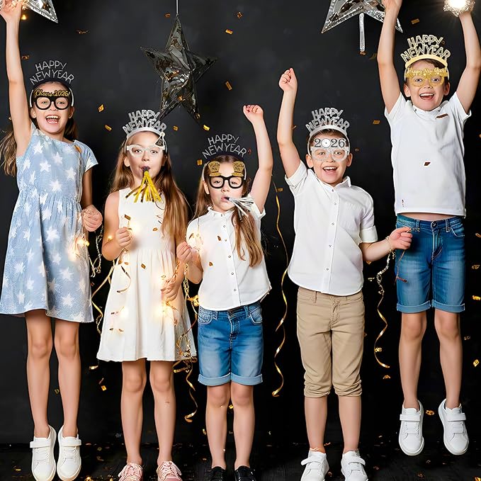 36 Pcs New Years Eve Party Supplies 2026 - New Years Decorations Set, Silver Gold Black Happy New Year Headband Tiara Glasses Noise Makers Bulk for Adults Kids New Year's Gifts Party Favors Decor
