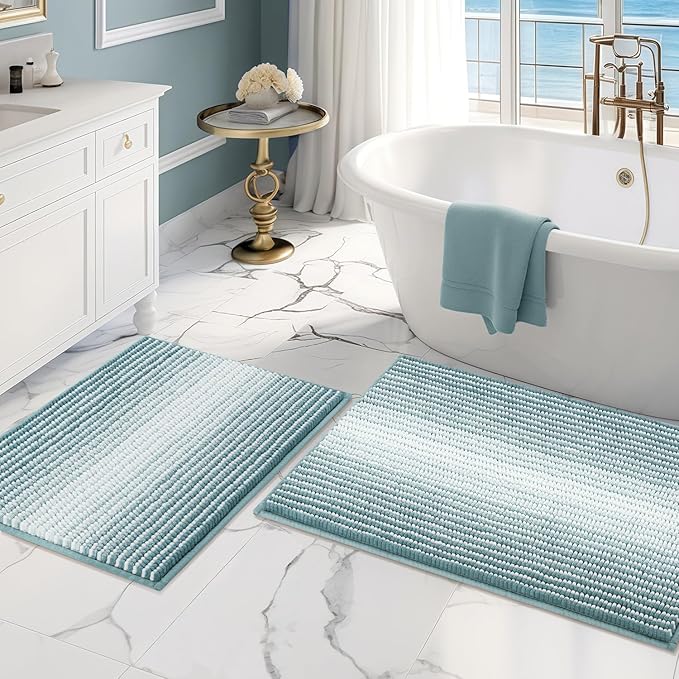 BSICPRO Bathroom Rugs and Mats Sets, 2 Piece Thick Absorbent Chenille Bath Mat Rug Set Non Slip, Soft Shaggy Bath Room Floor Mats for Bathroom, Machine Washable (Sea Green, 20" x 32" Plus 16" x 24")
