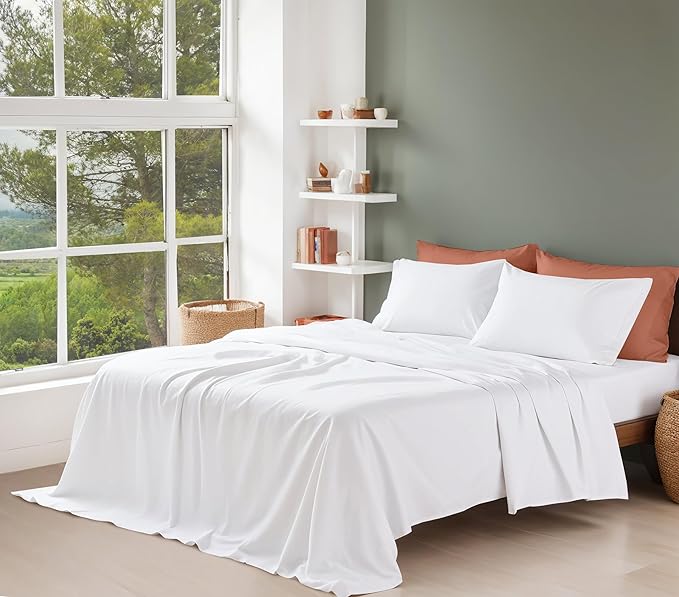 RUVANTI 100% Organic Cotton Sheets California King, Percale Weave, GOTS Certified, 4-Piece Set, Deep Pocket 13", Crisp & Breathable, Soft Durable Bedding, Sábanas Algodón Orgánico – Bright White