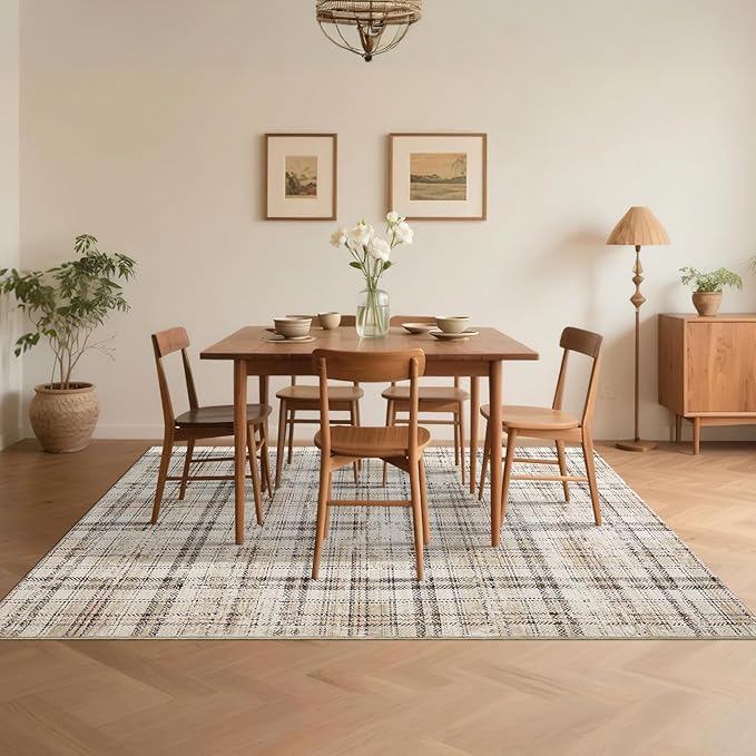 Washable Area Rug 6x9 Rug for Living Room Soft Bedroom Rug Modern Plaid Beige Rugs Non Slip Throw Rugs Non Shedding Stain Resistant Carpet for Nursery Dining Room Office 6'x9' Beige