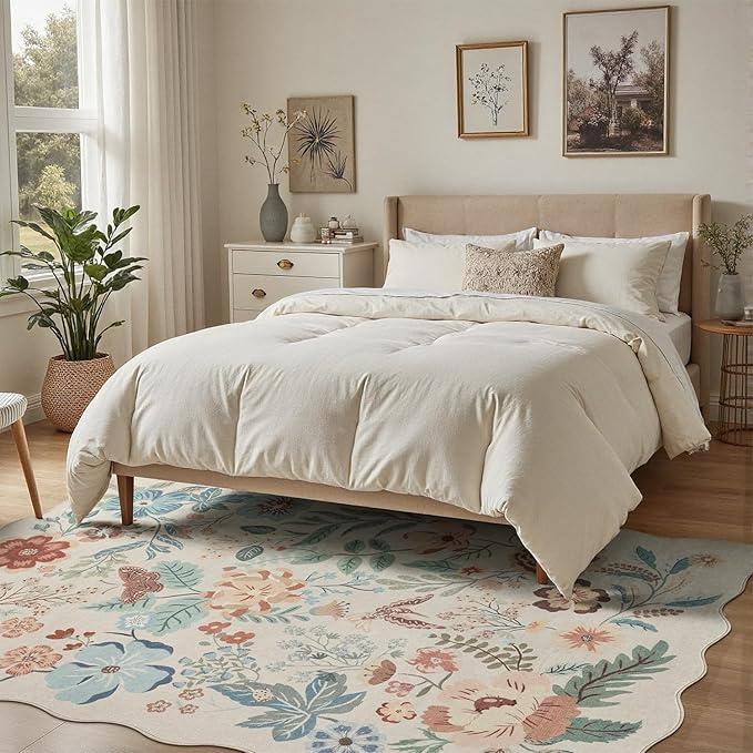 DCX Beige Floral Rug 9x12, Washable Beige Rug for Living Room, Kid & Pet Friendly with Rubber Back Non Slip, Soft Low Pile Carpet, Stain Resistant Rug for Bedroom, Nursery, Dining Room