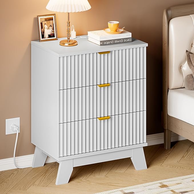 BORNOON 30.5" Nightstand with Charging Station, 3-Drawer Fluted Bedroom Chest, Wood Bedside Dresser with Power Outlets and USB Ports, Metal Slides, Stable Base, Modern Storage Cabinet for Small Spaces