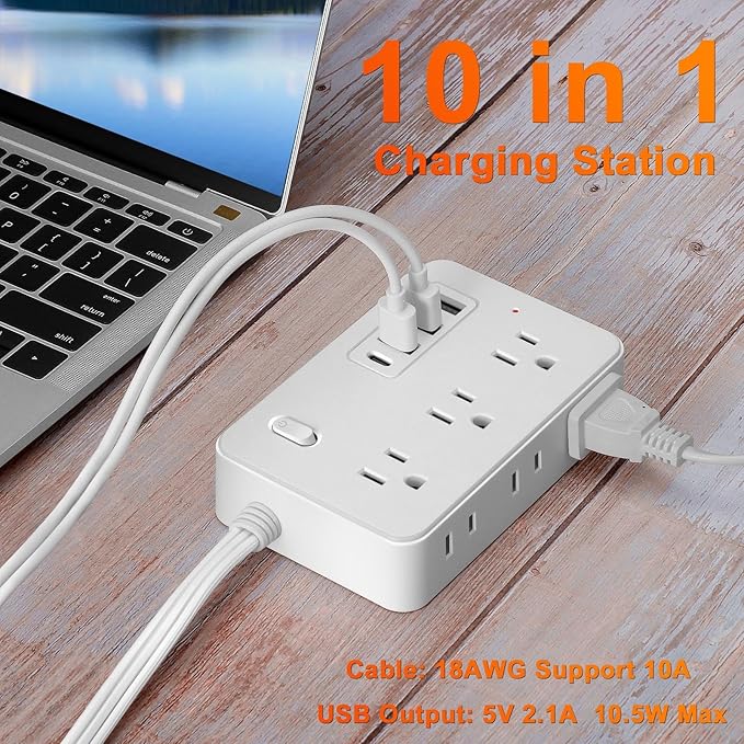 5FT Surge Protector Flat Extension Cord Flat Plug Power Strip, 6AC Outlets, 4 USB Charger(1 USB C Port), 1700 Joules Protection, Office Supplies, Dorm Room Essentials