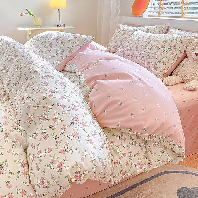EAVD Vintage Style Garden Pink Floral Duvet Cover King White Soft 100% Cotton Cute Floral Bedding Set with 2 Pillowcases Chic Shabby Floral Botanical Duvet Cover with Zipper Closure