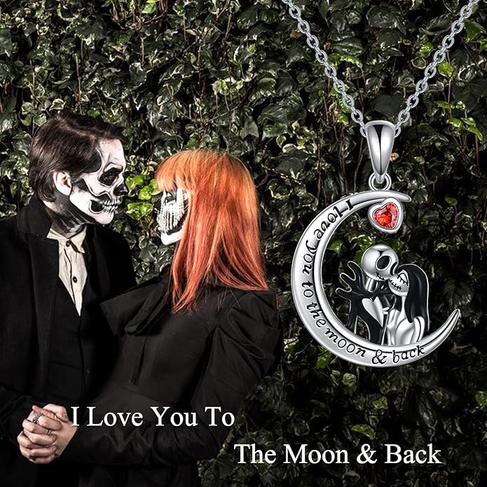 LILALO Christmas Gifts Nightmare Necklace Sterling Silver Abalone Shell Crystal Jack and Sally Necklace Jack Skellington Skull Jewelry Skull Necklaces for Women