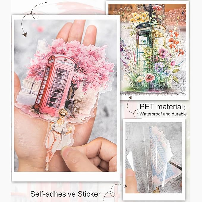AuriicLeaf Telephone Booth PET Sticker Set, 80PCS Vintage Street Scene Stickers for Scrapbooking, Journaling, DIY Crafts, Planner Decoration, and Aesthetic Collage